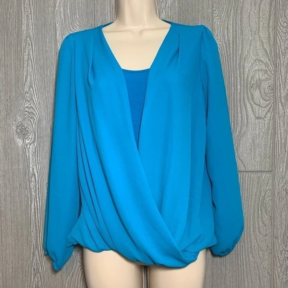 Thalia Sodi Bright Turquoise Faux Wrap Blouse S